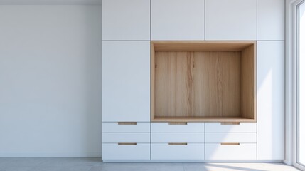 Fototapeta premium Modern minimalistic interior design featuring a stylish white cabinet with wooden accents and an empty space for decoration or storage in a bright room