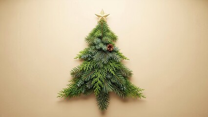 Minimalist christmas tree composition of evergreen branches and star ornament display
