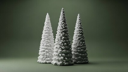 Minimalist winter scene featuring sculpted snow-covered cone trees on calming background