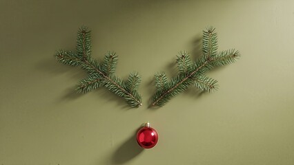 Minimalistic Christmas Reindeer Composition with Spruce Branches and Red Ornament on Soft Green