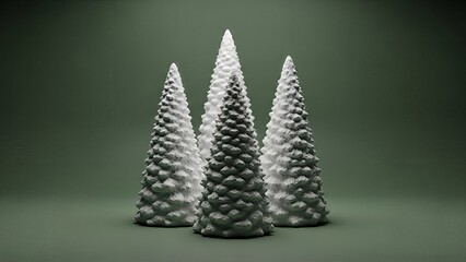 Minimalist winter scene with snow-covered cone trees on a muted green backdrop design