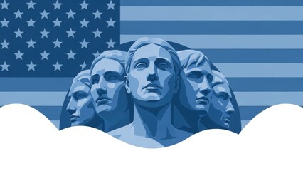 Monochromatic depiction featuring presidential busts against an American flag backdrop