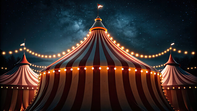 Bright circus tent glowing under starry night concept. Colorful circus tents illuminated under a starry night sky.