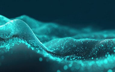 Abstract digital landscape of flowing particles with a teal blue gradient