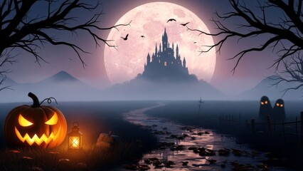 Fototapeta premium Mystical Halloween Night with Spooky Castle Pumpkin and Eerie Ghosts Under a Full Moon