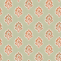 Indian traditional floral block print design. Retro floral seamless pattern. Stylized flora on green mint dots background. 