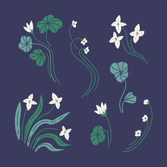 Vector elegant floral isolated elements on violet background.  Flowers, plants, leaves clip art for greeting cards or wedding invitations. Art deco floral design elements.