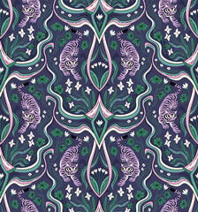 heritage revival art deco seamless pattern design. Vector animal repeat print design for fabric or wallpaper. Hand drawn tigers and flowers on dark violet background.