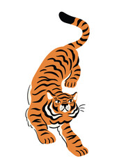Сreeping tiger vector illustration. Isolated animal on white background. Wild cat design.