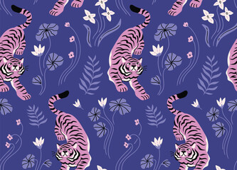 Tiger seamless pattern design. Vector animal repeat print design for fabric or wallpaper. Hand drawn cartoon animals and night flowers on dark violet background.