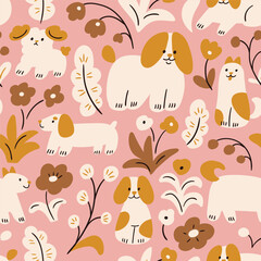 Vector adorable dog characters on the floral background. Vector animal seamless pattern for kids fabric or nursery wallpaper. Funny dog print design. 