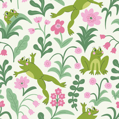 Frogs and flowers seamless pattern. Cute animal fabric design in anime style. Botanical repeat texture. 
