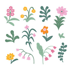 Vector floral elements isolated on white background.  Flowers, plants, leaves clip art for greeting cards or wedding invitations. Decorative  floral design elements.