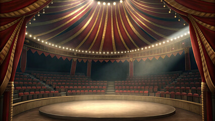 Obraz premium Inside circus tent with circle seats and spotlight concept. Vibrant circus stage with lights, ready for a captivating performance.