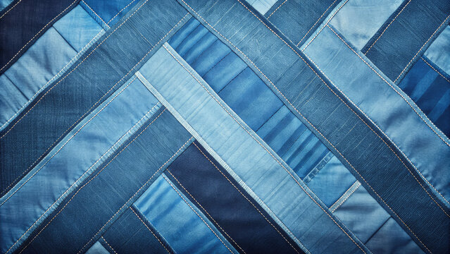 Blue denim patchwork design with fabric squares concept. Stylish blue denim fabric with a quilted texture for creative projects.