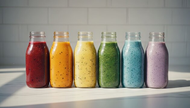 Rainbow smoothies in glass bottles on white countertop