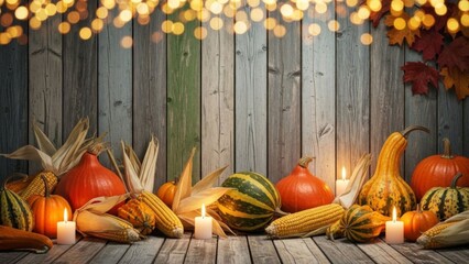 Rustic Autumnal Bounty: Festive Harvest Display with Warm Bokeh Lights and Vibrant Fall Decor
