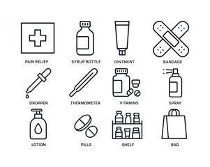 Over-the-Counter Icons. Over-the-counter products. Line icon set