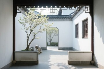 Traditional Chinese courtyard with blooming tree and white walls
