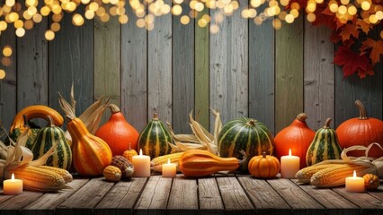 Rustic Autumnal Abundance: Pumpkins, Corn, and Candlelight on Weathered Wood Backdrop