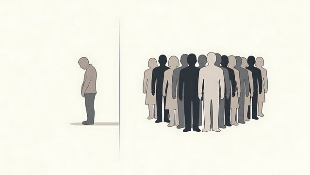 Minimalist illustration showing a lone individual separated from a group of people, symbolizing social isolation, exclusion, loneliness, discrimination, and lack of inclusion