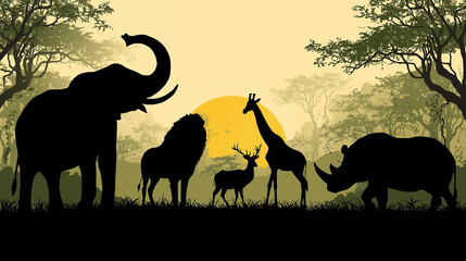 Silhouette Wildlife Landscape with African Animals in Natural Habitat Illustration World Wildlife Conservation Day