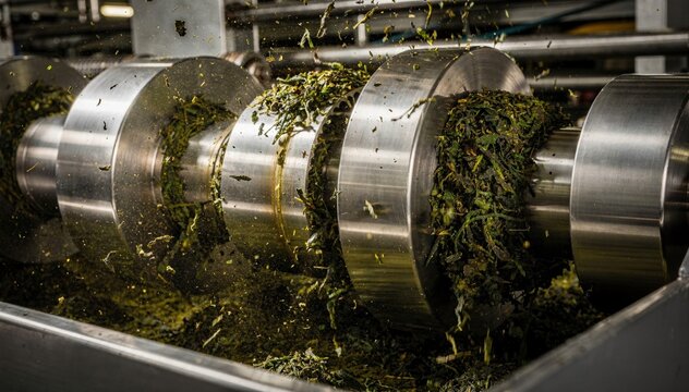 CTC tea leaves being crushed torn and curled by industrial rollers emphasizing the intensity and efficiency of production for strong bold tea variants.