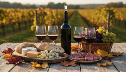 Wine, cheese, and charcuterie picnic in autumn vineyard