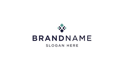 Modern geometric abstract logo with dark blue and teal diamond shape above bold BRANDNAME text and slogan.