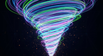 Vibrant neon tornado swirling with colorful lights