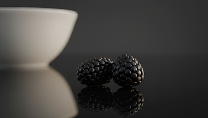 Glossy blackberries near bowl. Dark reflection. Smooth