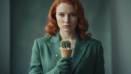 Redhead holds cactus in ice cream cone