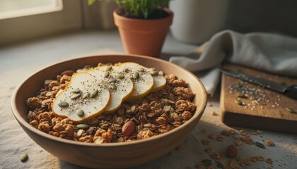 Granola bowl with pear slices on textured surface