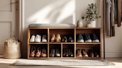 Stylish wooden shoe storage unit with organized footwear collection and minimalist decor in cozy modern entrance hall