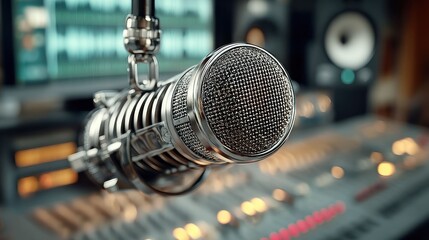 Chrome studio microphone, mixing board, sound engineering setup