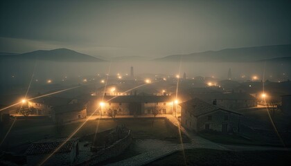 Misty townscape, lights glow at dusk against mountains