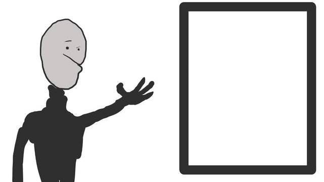 A character or person, pointing in a direction with his hand, tells or speaks something to the audience.