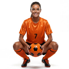 Smiling female soccer player in orange uniform squatting with ball on white background. Front view
