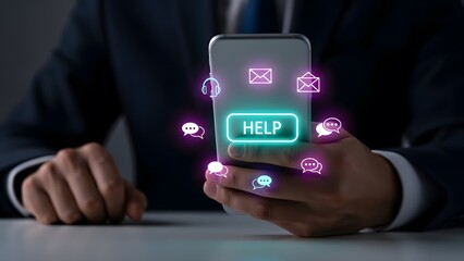 Businessman requesting customer support using a mobile phone with digital help icons
