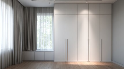 Modern minimalist interior design featuring a spacious wardrobe and large window with natural light in a serene living space