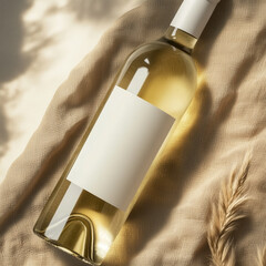 White wine bottle with blank label mockup, styled on a rustic surface.