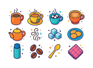Colorful Hot Beverages Icons. Hot beverages. Colorful isometric