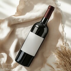 Mockup of a red wine bottle with a blank white label on a rustic background.