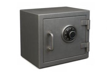 Metal safe with combination lock securing valuables, offering protection, banking, and wealth storage on transparent background