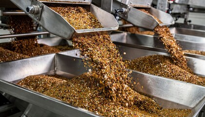 Medium frame capturing coarse spices being conveyed robustly into weigh hoppers on an automated line highlighting texture and industrial efficiency in seasoning production.