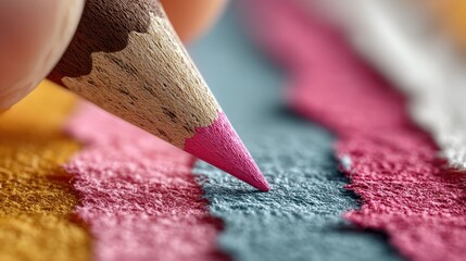 Finger holds a sharp pink pencil tip touching textured color shavings