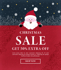 Christmas sale banner with joyful Santa, snowflakes, and 50% extra discount. Ideal festive design for holiday sales and seasonal marketing promotions