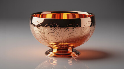 Shiny Copper Bowl with Engraved Floral Pattern on a Reflective Surface
