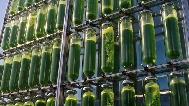 Algae bioreactor green tube laboratory research biofuel renewable energy science installation vertical glass facade microalgae cultivation environmental innovation sustainable design modern technology