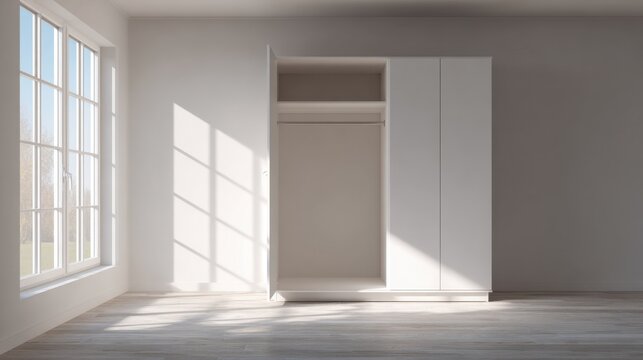 Modern minimalist interior with empty white closet and bright sunlight casting shadows on the floor, showcasing spacious and serene room design